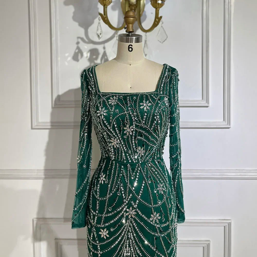 Vestido de sirena verde oscuro con cuentas de cristal, vestido de noche árabe para mujer, perfecto para bodas y fiestas 2025 LA72242