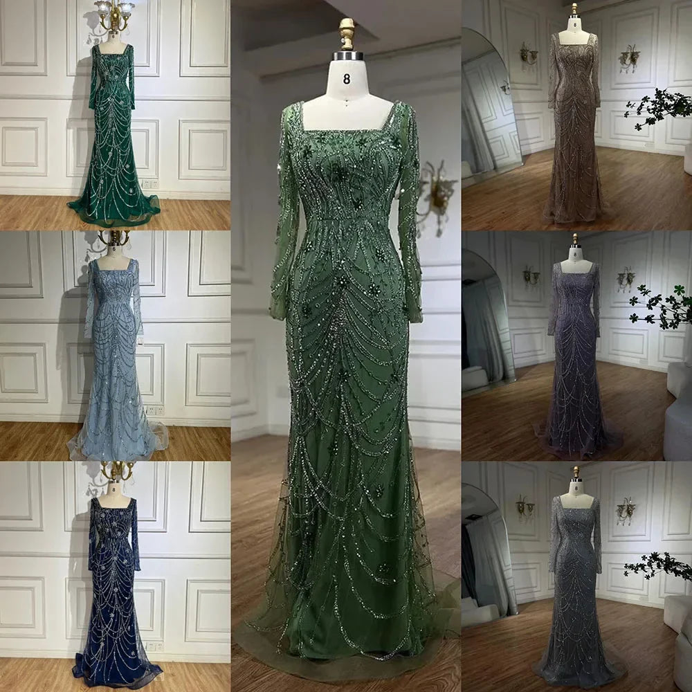 Vestido de sirena verde oscuro con cuentas de cristal, vestido de noche árabe para mujer, perfecto para bodas y fiestas 2025 LA72242