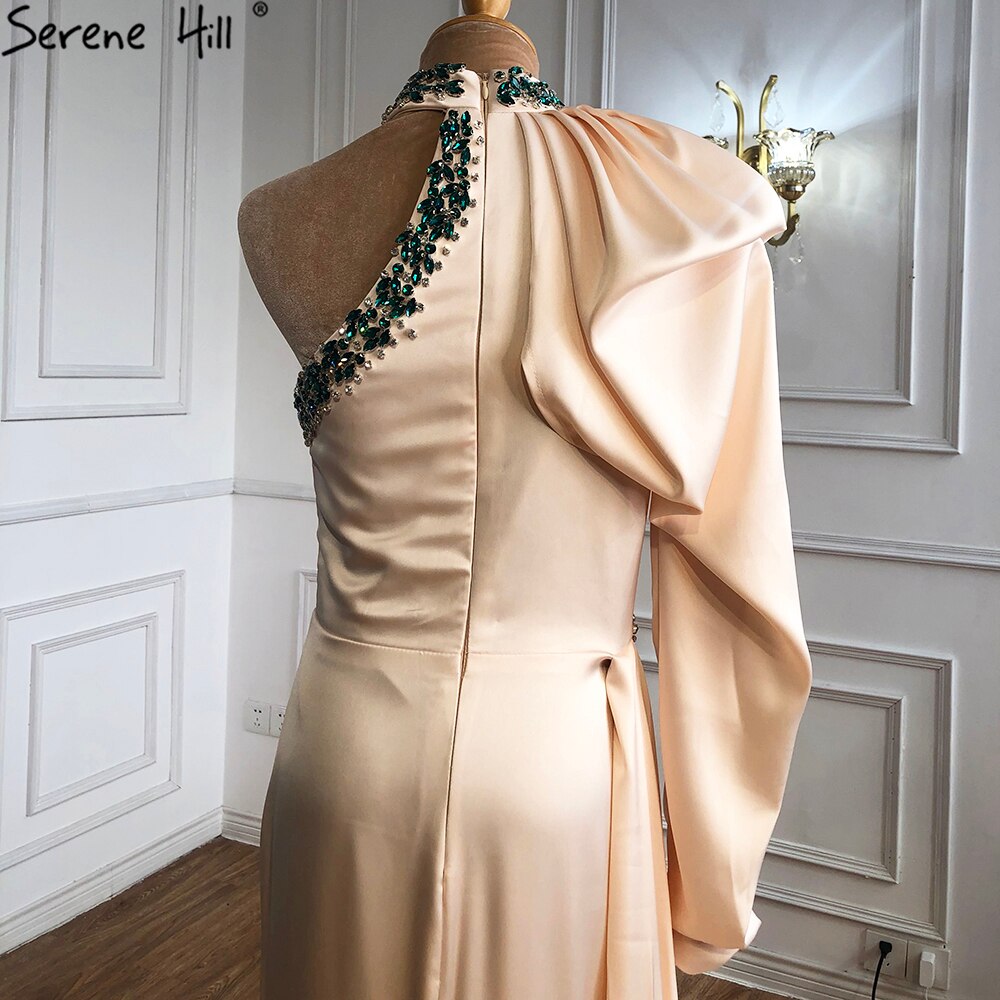 Vestido de noche de diseño de satén suave color champán, con un hombro al descubierto, corte sirena, abertura alta, para mujer, fiesta, LA70877