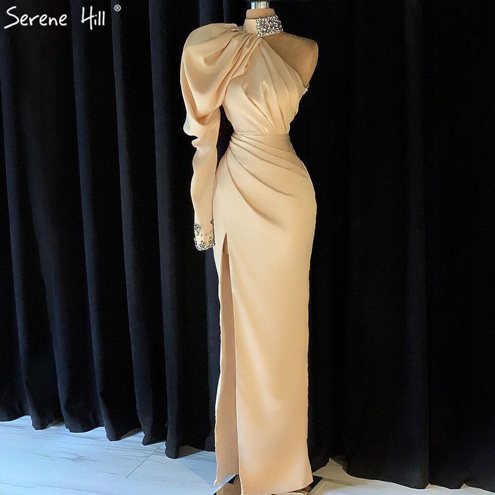 Vestido de noche de diseño de satén suave color champán, con un hombro al descubierto, corte sirena, abertura alta, para mujer, fiesta, LA70877