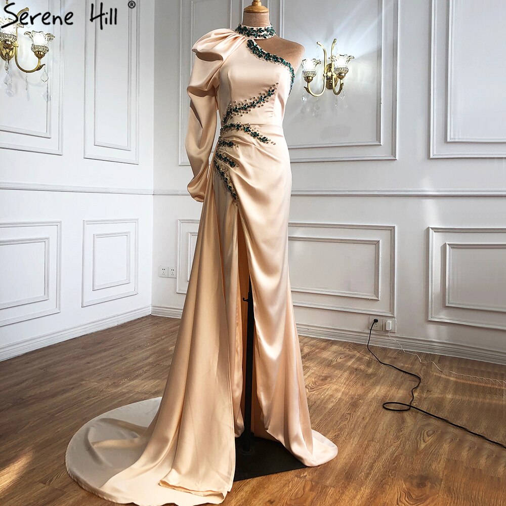 Vestido de noche de diseño de satén suave color champán, con un hombro al descubierto, corte sirena, abertura alta, para mujer, fiesta, LA70877