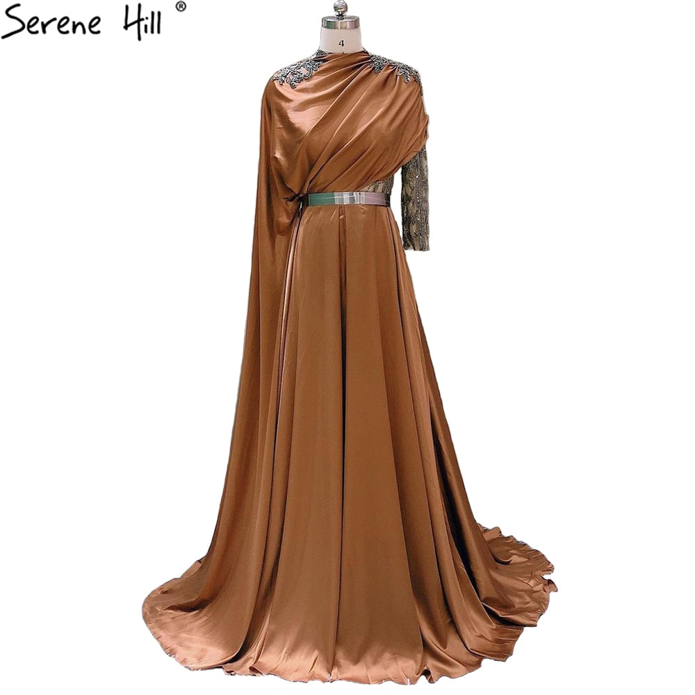 Vestido de noche de diseñador de satén suave con abertura alta, un hombro, con cuentas, corte A, para mujer, fiesta, LA70751