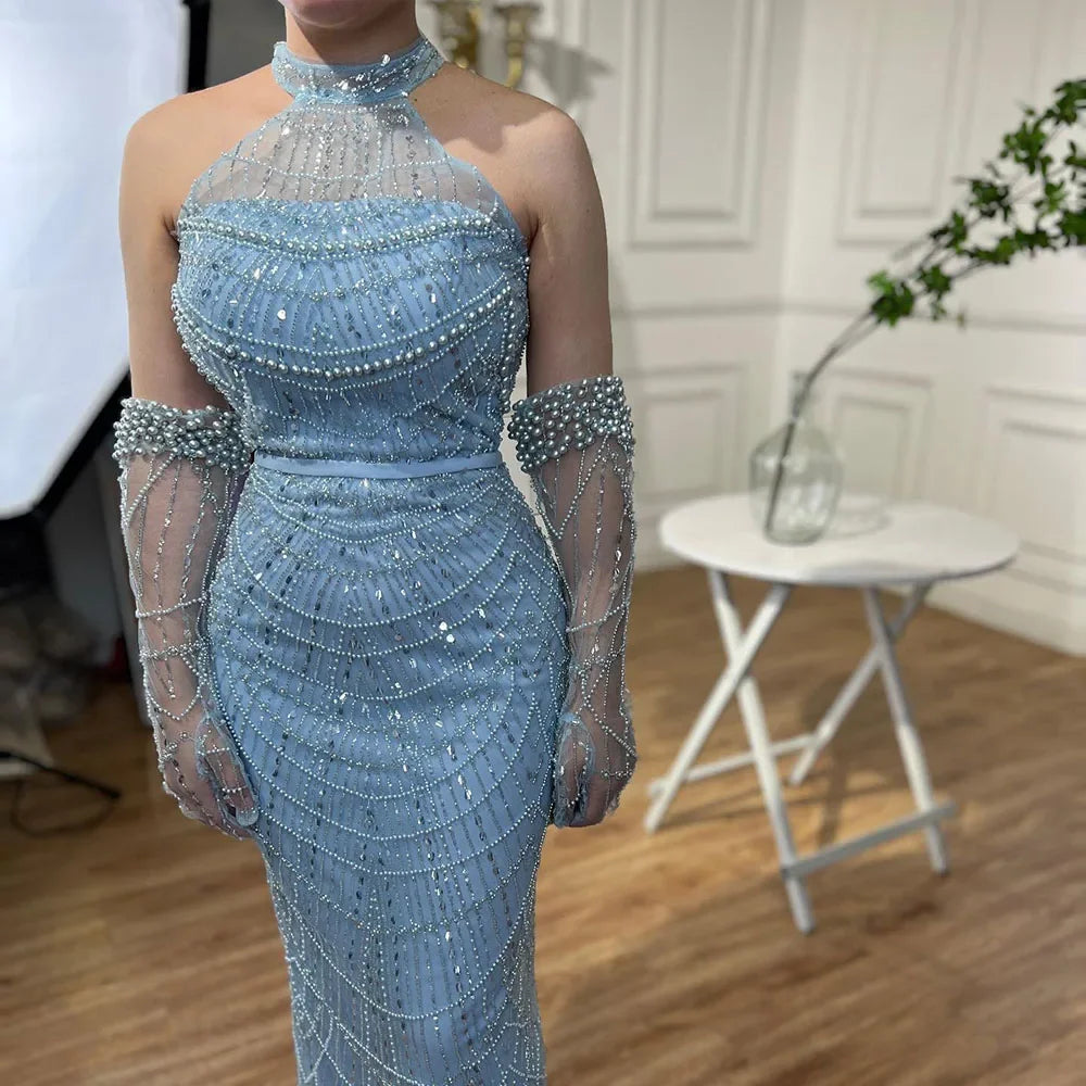 Vestidos de noche de lujo de Dubái Arabia 2025 para mujer, corte sirena color piel con guantes para bodas LA72032A