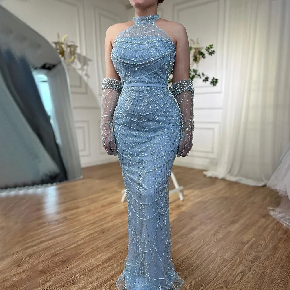 Vestidos de noche de lujo de Dubái Arabia 2025 para mujer, corte sirena color piel con guantes para bodas LA72032A