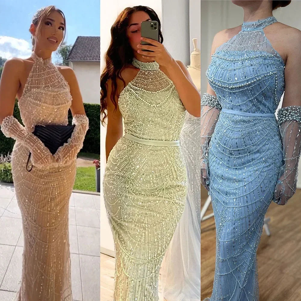 Vestidos de noche de lujo de Dubái Arabia 2025 para mujer, corte sirena color piel con guantes para bodas LA72032A
