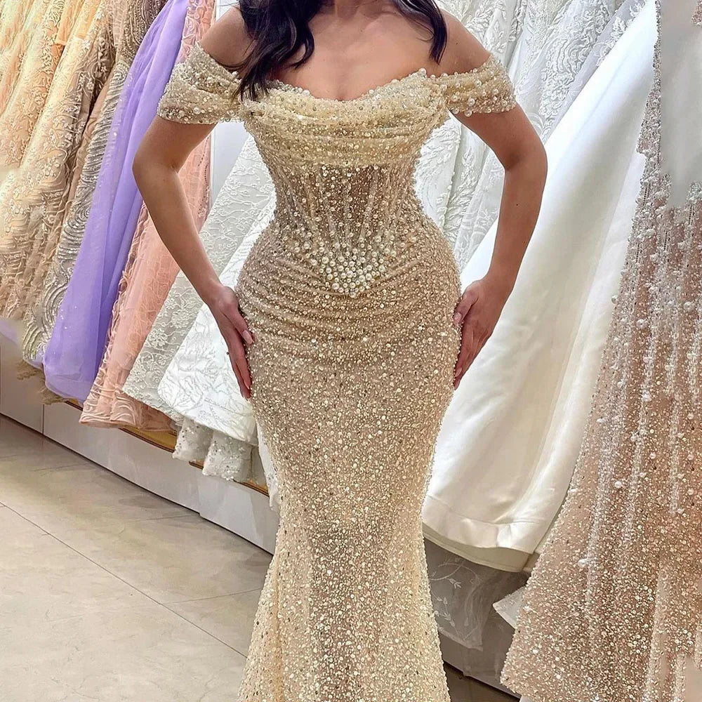 Vestidos de noche elegantes de sirena color nude de Dubái Arabia, vestidos de lujo con cuentas de perlas 2025 para mujer, fiesta de bodas LA72270