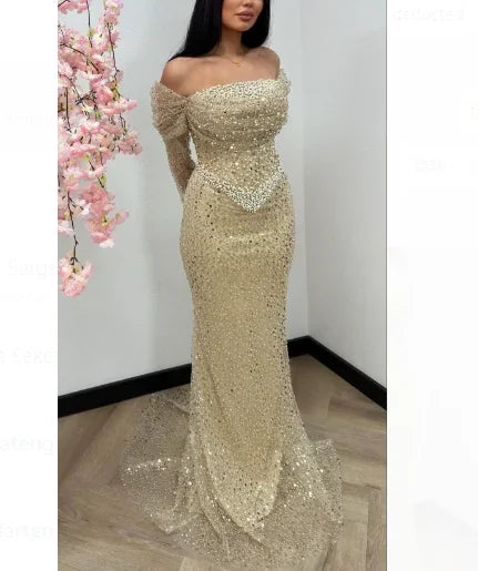 Vestidos de noche elegantes de sirena color nude de Dubái Arabia, vestidos de lujo con cuentas de perlas 2025 para mujer, fiesta de bodas LA72270