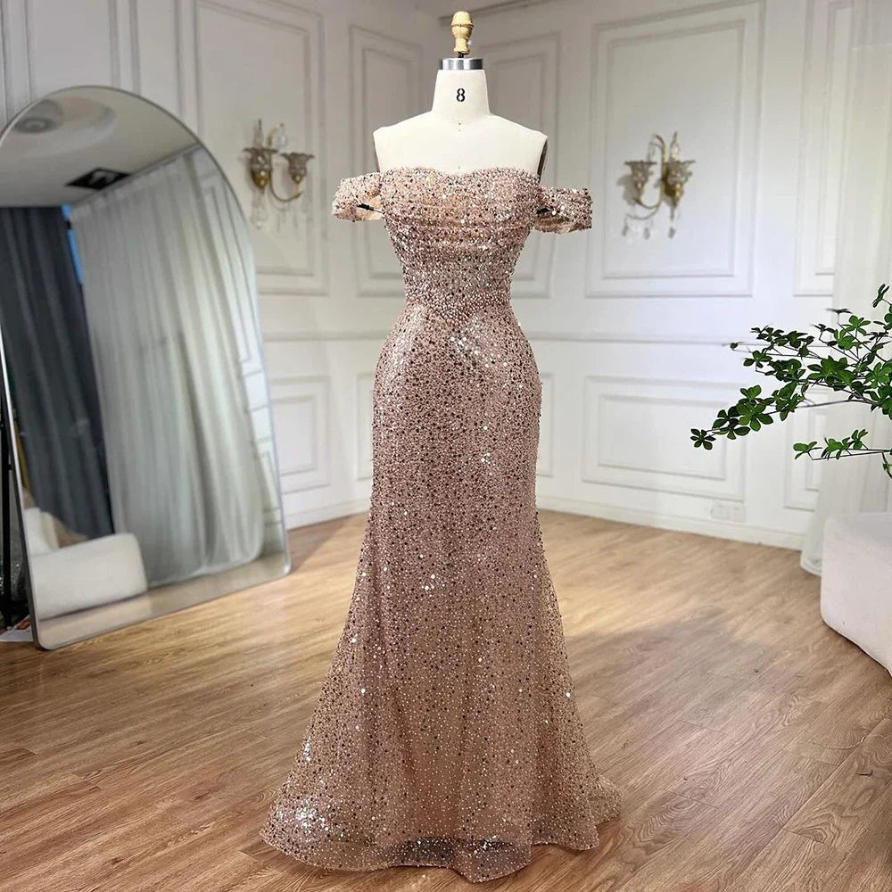 Vestidos de noche elegantes de sirena color nude de Dubái Arabia, vestidos de lujo con cuentas de perlas 2025 para mujer, fiesta de bodas LA72270