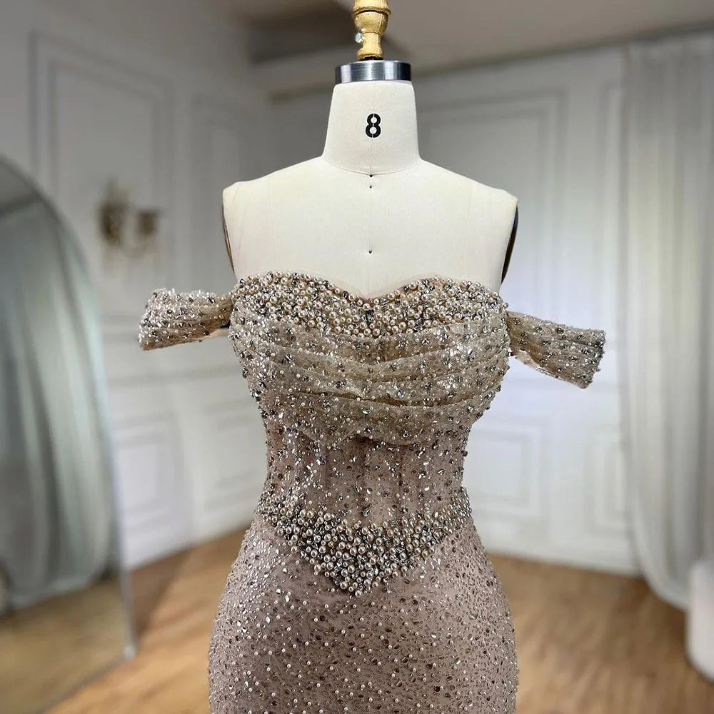 Vestidos de noche elegantes de sirena color nude de Dubái Arabia, vestidos de lujo con cuentas de perlas 2025 para mujer, fiesta de bodas LA72270