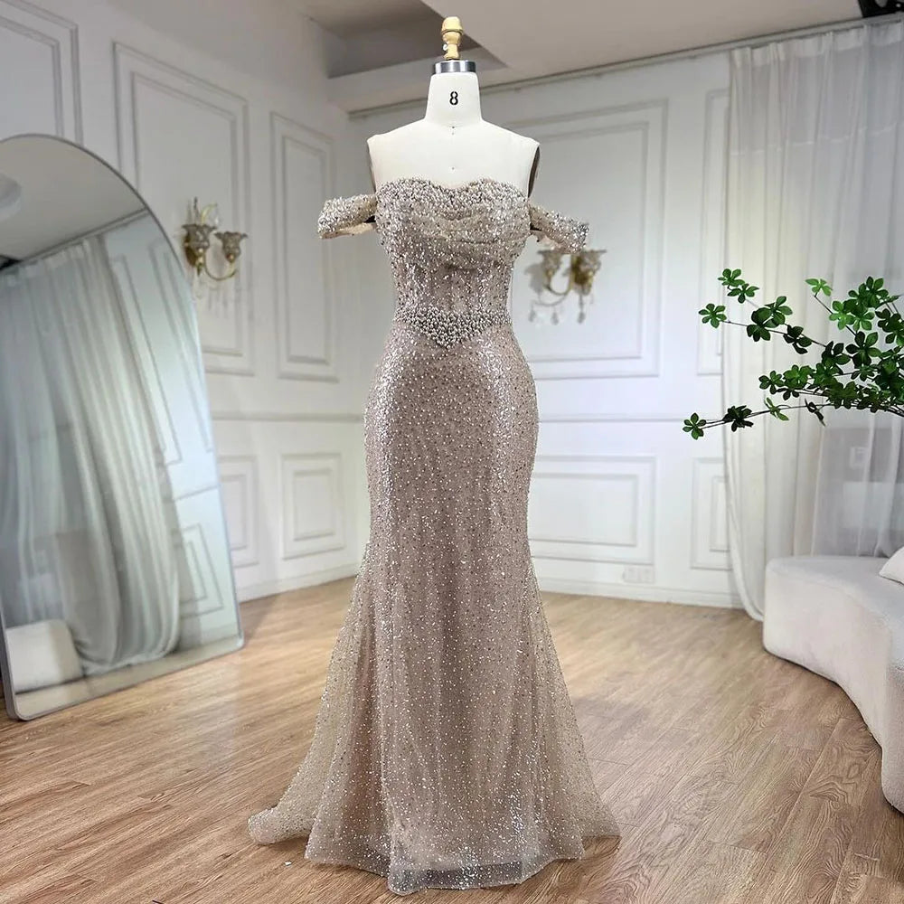 Vestidos de noche elegantes de sirena color nude de Dubái Arabia, vestidos de lujo con cuentas de perlas 2025 para mujer, fiesta de bodas LA72270
