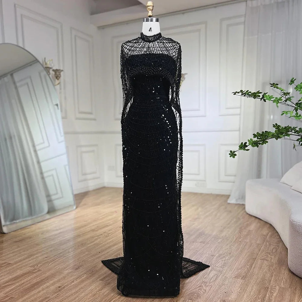 Luxus Designer Perlen Nude Abendkleider Kleider mit Cape LA72032