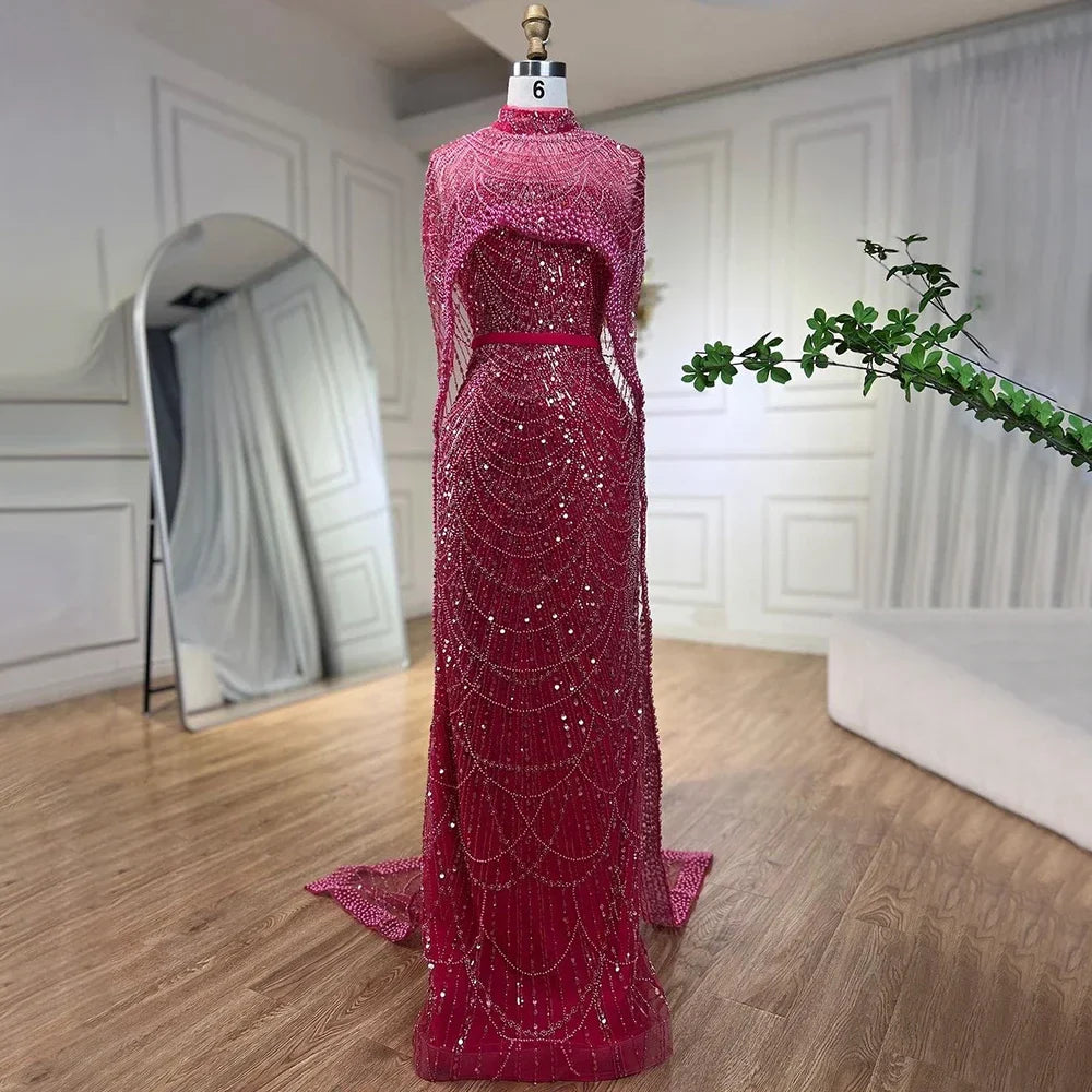 Luxus Designer Perlen Nude Abendkleider Kleider mit Cape LA72032