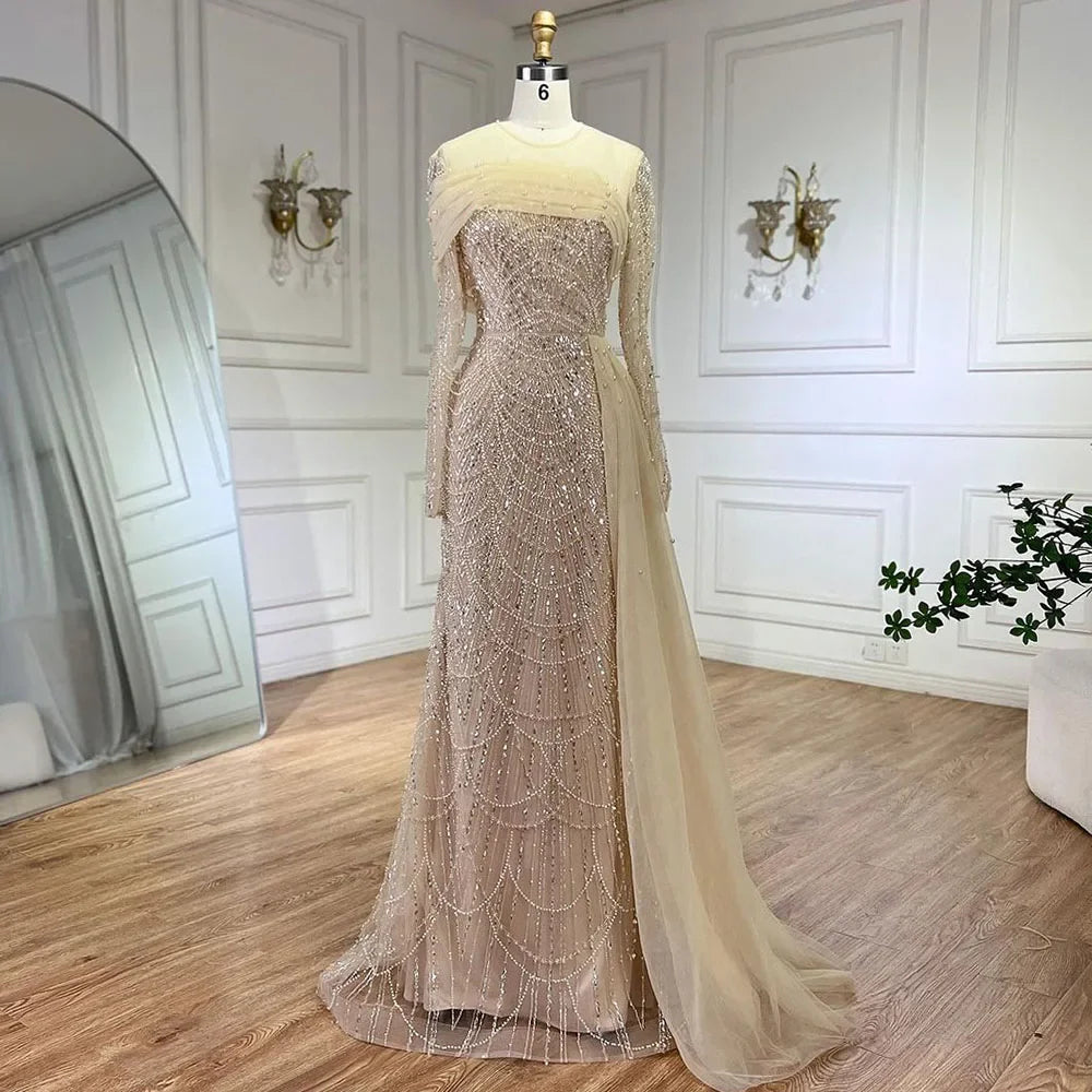 Vestidos de noche de lujo estilo sirena con sobrefalda color nude de Dubái Arabia, 2025, para mujer, para boda, fiesta, LA72254A