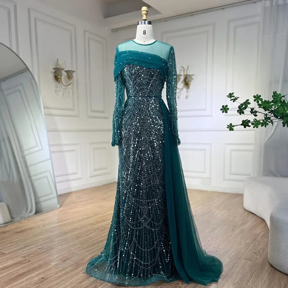 Vestidos de noche de lujo estilo sirena con sobrefalda color nude de Dubái Arabia, 2025, para mujer, para boda, fiesta, LA72254A