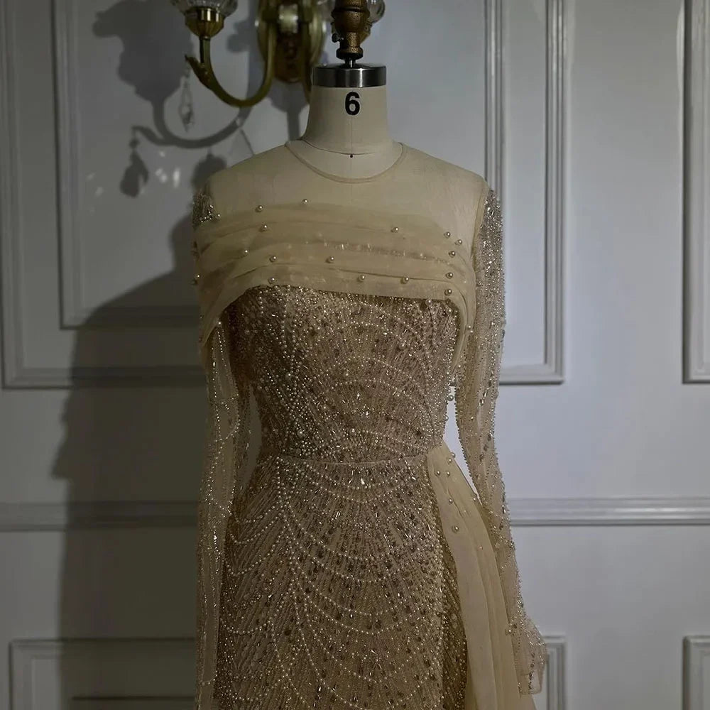 Vestidos de noche de lujo estilo sirena con sobrefalda color nude de Dubái Arabia, 2025, para mujer, para boda, fiesta, LA72254A