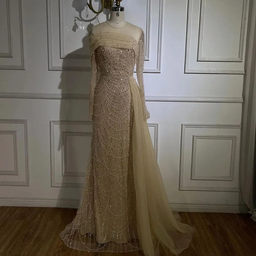 Vestidos de noche de lujo estilo sirena con sobrefalda color nude de Dubái Arabia, 2025, para mujer, para boda, fiesta, LA72254A