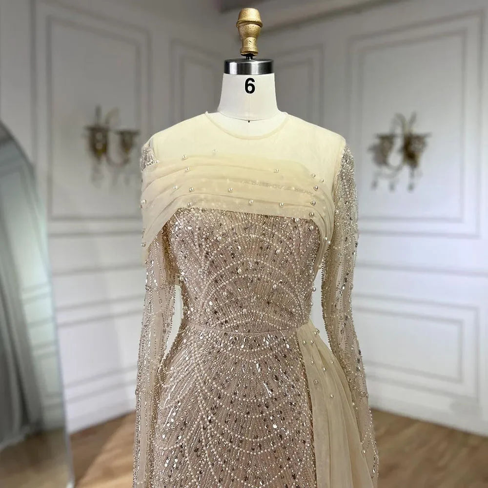 Vestidos de noche de lujo estilo sirena con sobrefalda color nude de Dubái Arabia, 2025, para mujer, para boda, fiesta, LA72254A
