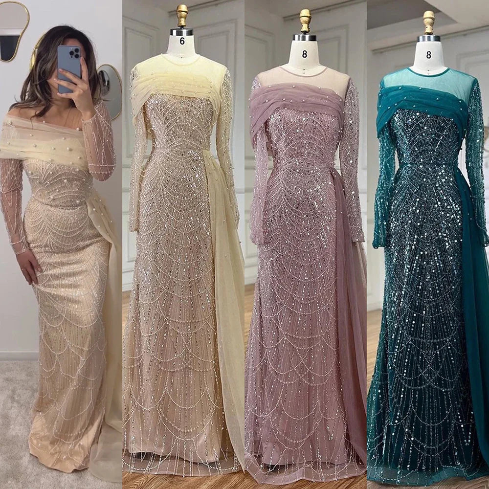 Vestidos de noche de lujo estilo sirena con sobrefalda color nude de Dubái Arabia, 2025, para mujer, para boda, fiesta, LA72254A