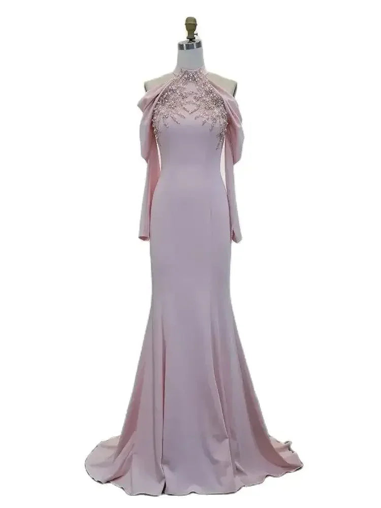 Vestidos de noche elegantes de satén sirena con cuentas y cuentas en color rosa de Dubái Arabia, para mujer, para bodas y fiestas, LA72275