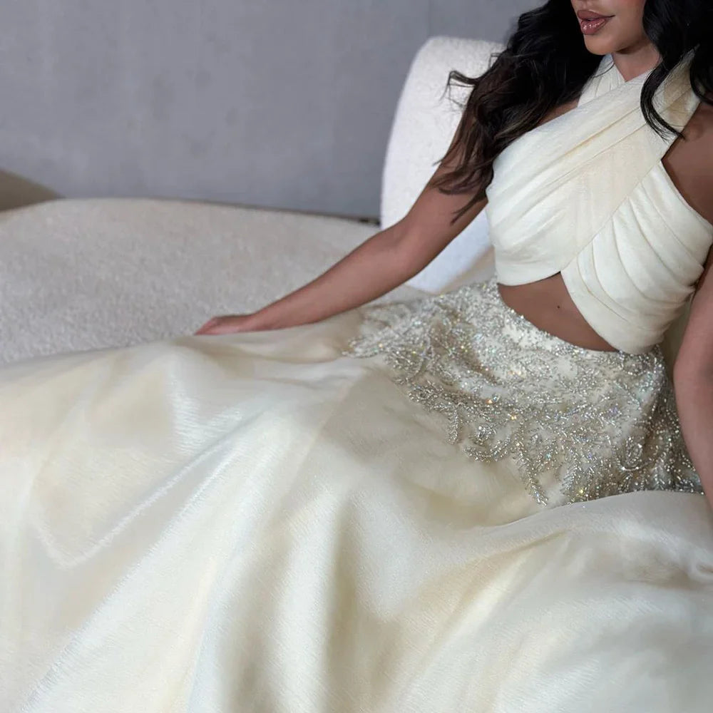 Vestidos de noche de lujo con cuello halter, corte A, estilo árabe de Dubái, color beige, para mujer, para boda, fiesta, 2025, LA72278