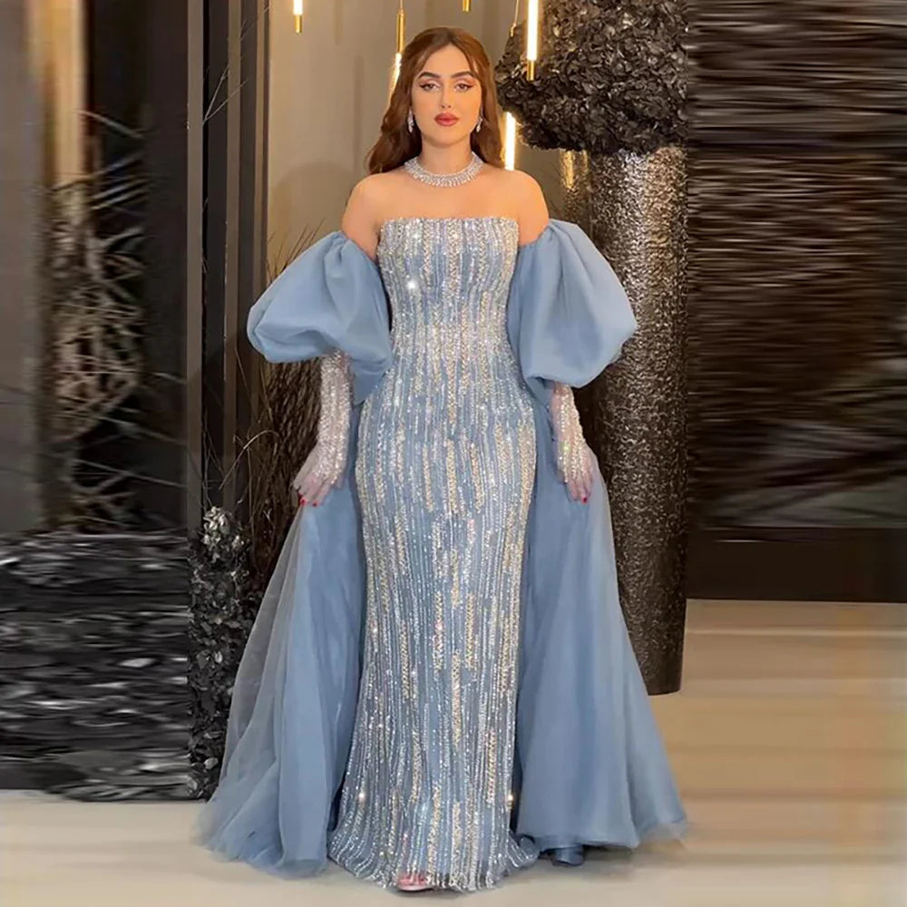 Luxus Dubai Arabisch Blau Meerjungfrau Ballon Ärmel Perlen Abendkleider LA71823