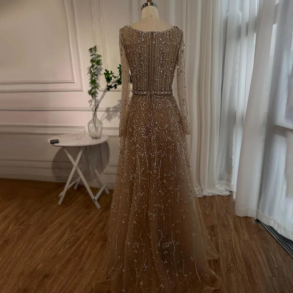 Vestidos de noche de lujo de diseñador árabe de Dubái, color nude, corte A, con cuentas, para mujer, para boda, fiesta, 2025, LA72088
