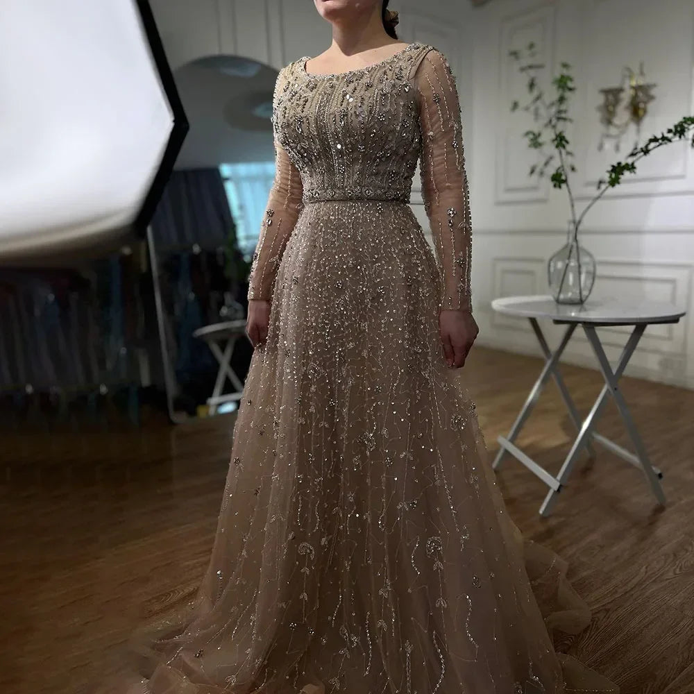 Vestidos de noche de lujo de diseñador árabe de Dubái, color nude, corte A, con cuentas, para mujer, para boda, fiesta, 2025, LA72088