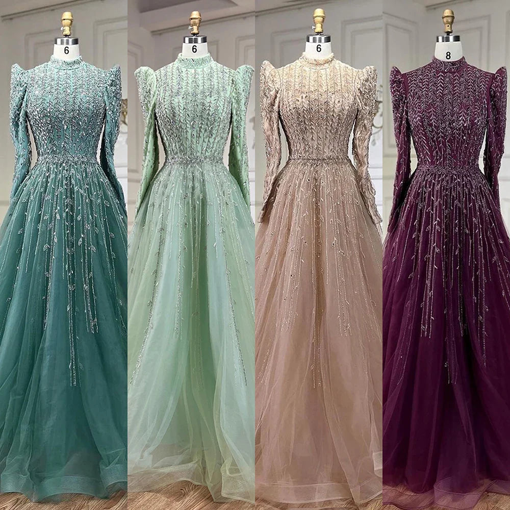 Vestidos de noche de lujo verde salvia de diseñador árabe de Dubái con cuentas, corte A, para mujer, para boda, fiesta, 2025, LA72342