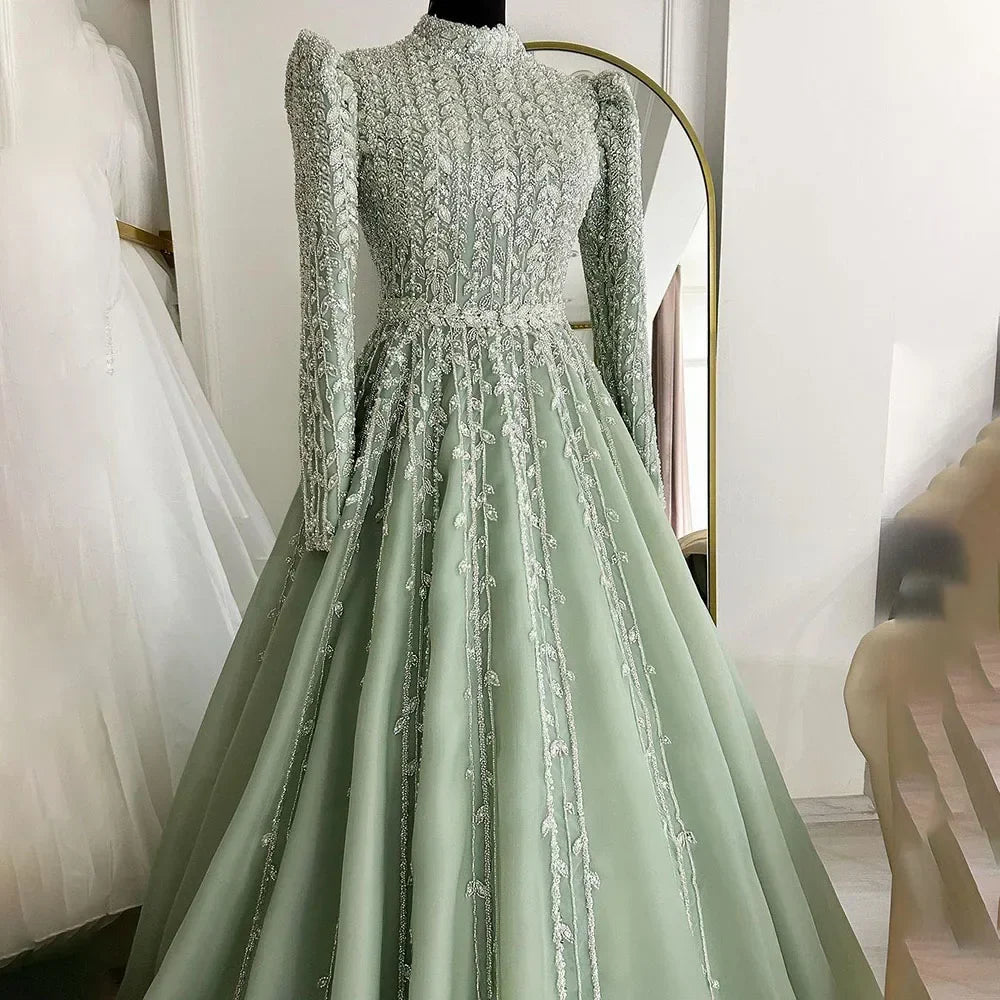 Vestidos de noche de lujo verde salvia de diseñador árabe de Dubái con cuentas, corte A, para mujer, para boda, fiesta, 2025, LA72342