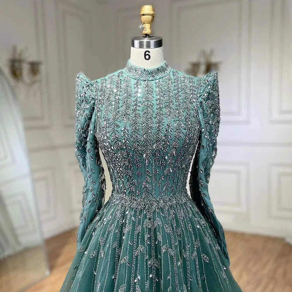 Vestidos de noche de lujo verde salvia de diseñador árabe de Dubái con cuentas, corte A, para mujer, para boda, fiesta, 2025, LA72342
