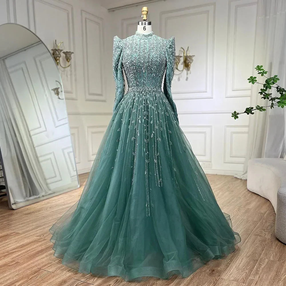 Vestidos de noche de lujo verde salvia de diseñador árabe de Dubái con cuentas, corte A, para mujer, para boda, fiesta, 2025, LA72342