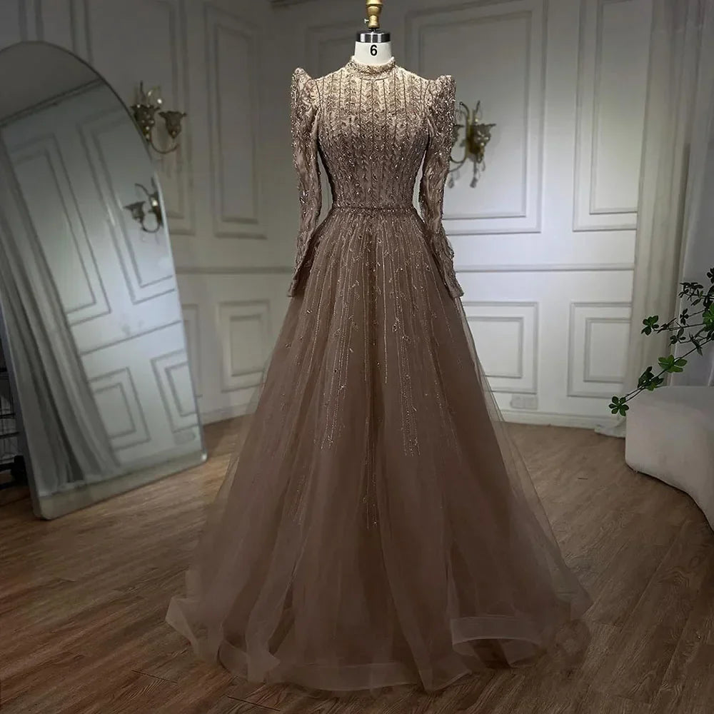 Vestidos de noche de lujo verde salvia de diseñador árabe de Dubái con cuentas, corte A, para mujer, para boda, fiesta, 2025, LA72342