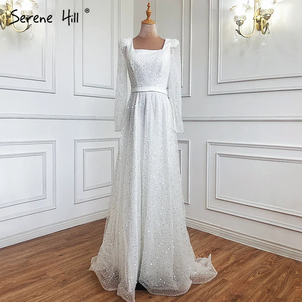 Vestidos de noche de lujo de corte A, estilo árabe de Dubái, color verde, con cuentas y manga larga para mujer, para boda o fiesta 2025 LA70271