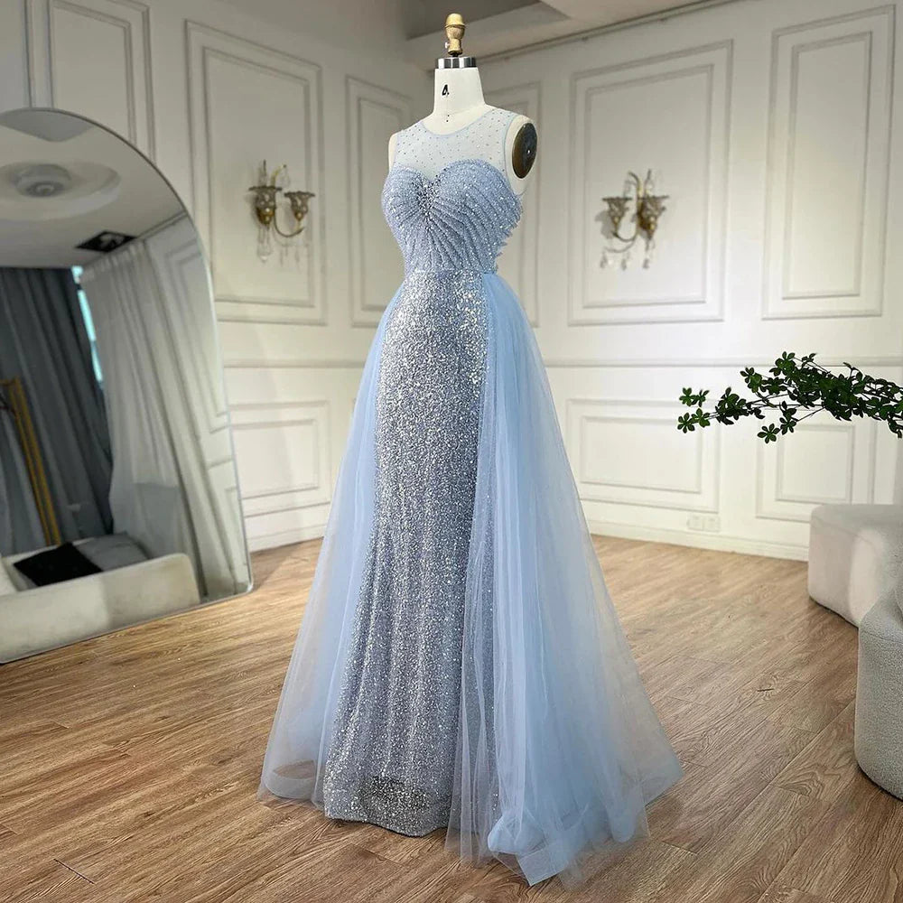 Vestido de noche elegante azul sirena árabe de Dubái con sobrefalda y cuentas para mujer, ideal para bodas 2025 LA72588