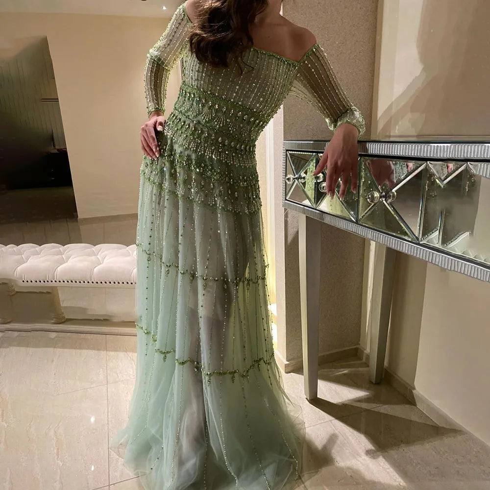 Vestido de noche de lujo estilo sirena, verde salvia, árabe, de Dubái, sin tirantes y con cuentas, para mujer, para boda 2025, LA72350