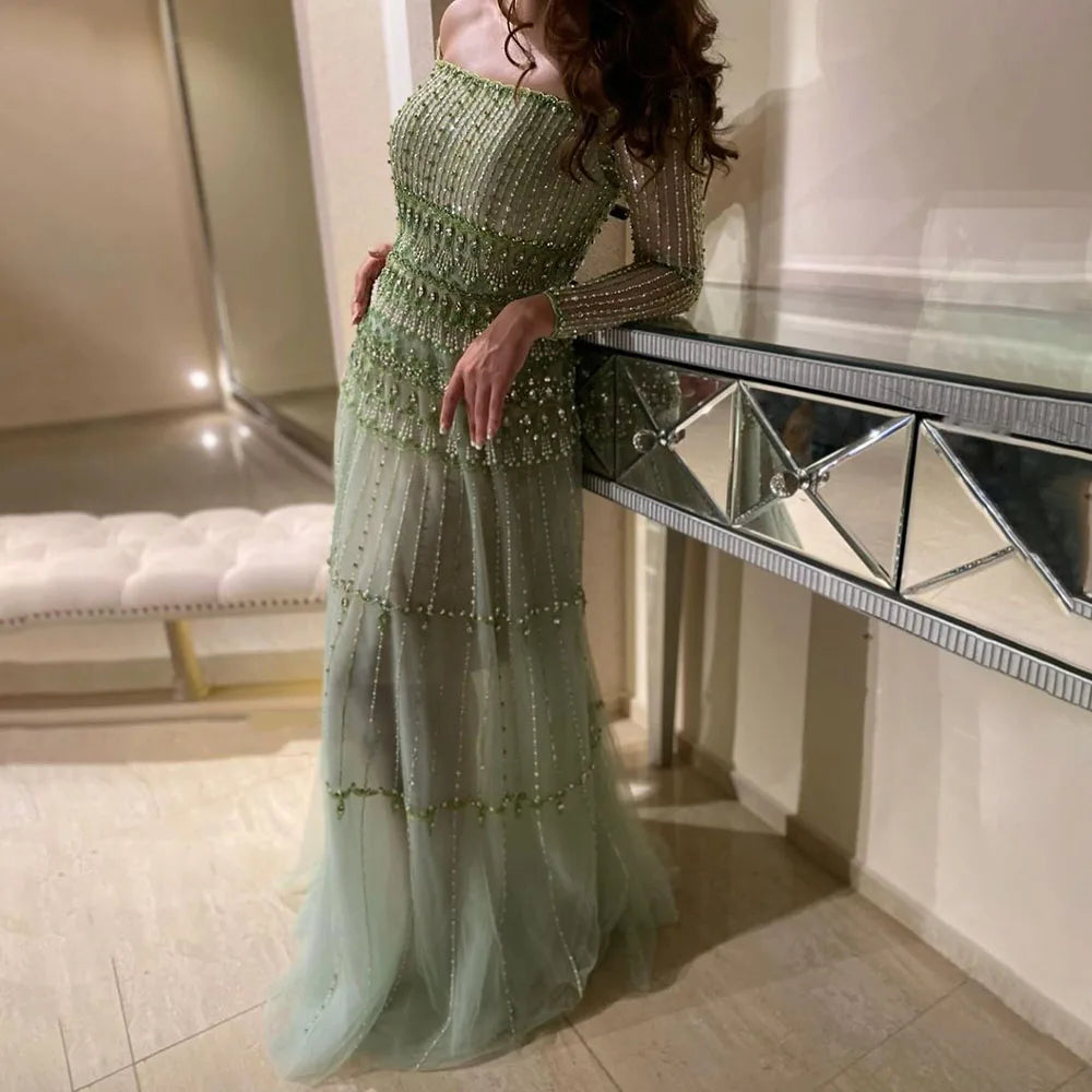 Vestido de noche de lujo estilo sirena, verde salvia, árabe, de Dubái, sin tirantes y con cuentas, para mujer, para boda 2025, LA72350