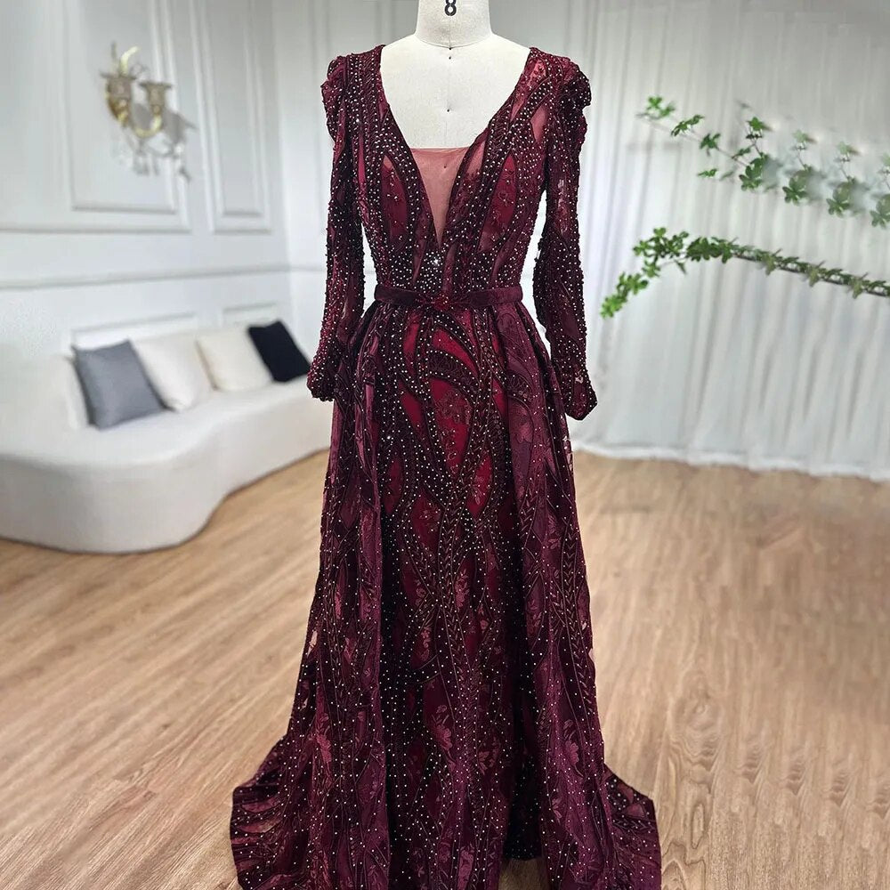 Vestido de fiesta de lujo azul de Dubái con escote en V profundo, mangas largas y cristales, estilo sirena, formal, de noche, talla grande 2025, LA70223