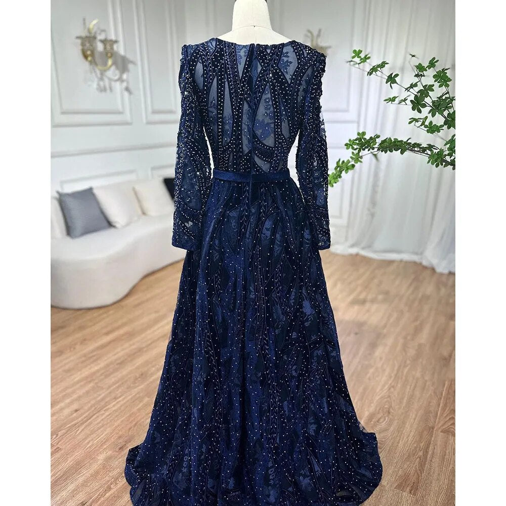 Vestido de fiesta de lujo azul de Dubái con escote en V profundo, mangas largas y cristales, estilo sirena, formal, de noche, talla grande 2025, LA70223