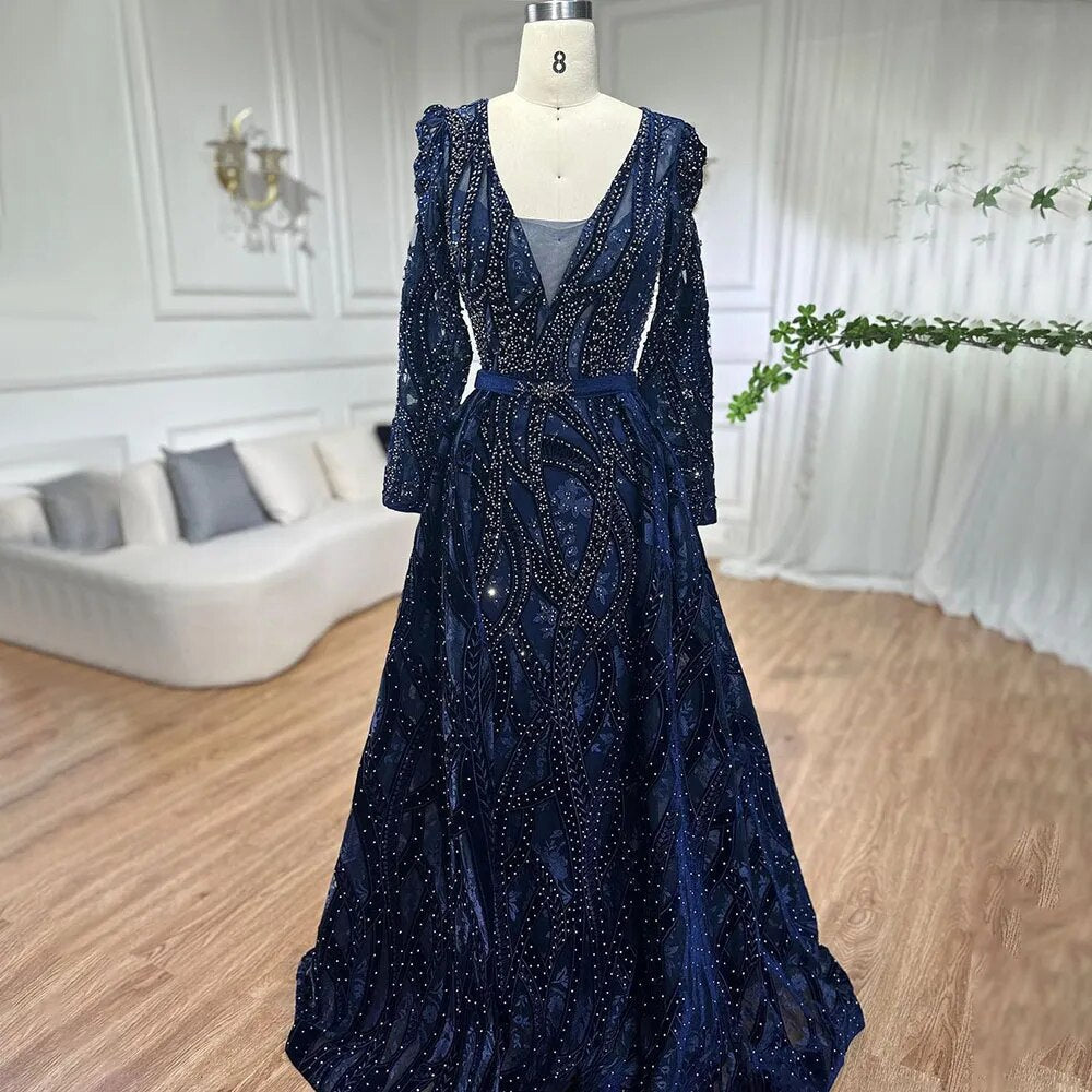 Vestido de fiesta de lujo azul de Dubái con escote en V profundo, mangas largas y cristales, estilo sirena, formal, de noche, talla grande 2025, LA70223