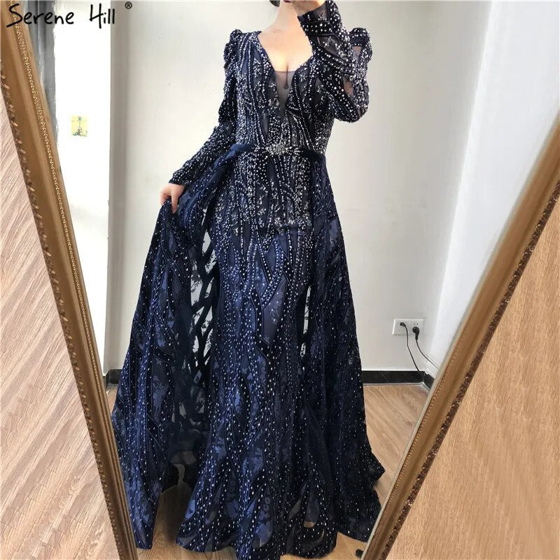 Vestido de fiesta de lujo azul de Dubái con escote en V profundo, mangas largas y cristales, estilo sirena, formal, de noche, talla grande 2025, LA70223