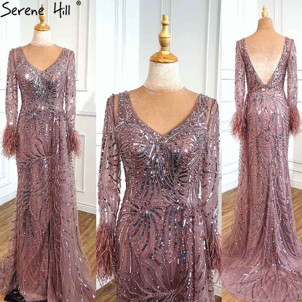 Vestidos de noche de lujo con escote en V y mangas largas con plumas y perlas de sirena azul de Dubái para mujer, para fiesta 2025 LA70533