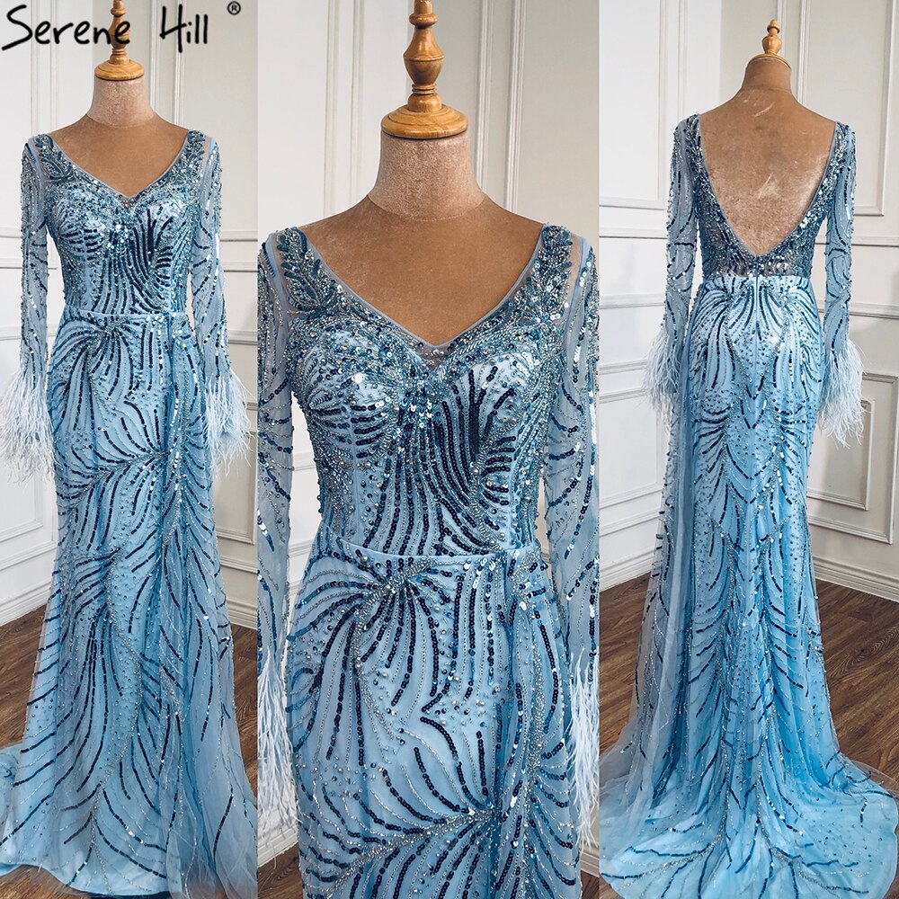 Vestidos de noche de lujo con escote en V y mangas largas con plumas y perlas de sirena azul de Dubái para mujer, para fiesta 2025 LA70533