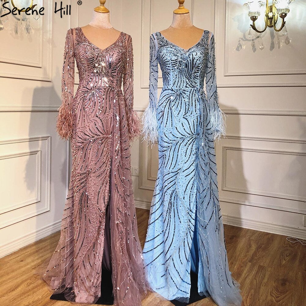 Vestidos de noche de lujo con escote en V y mangas largas con plumas y perlas de sirena azul de Dubái para mujer, para fiesta 2025 LA70533