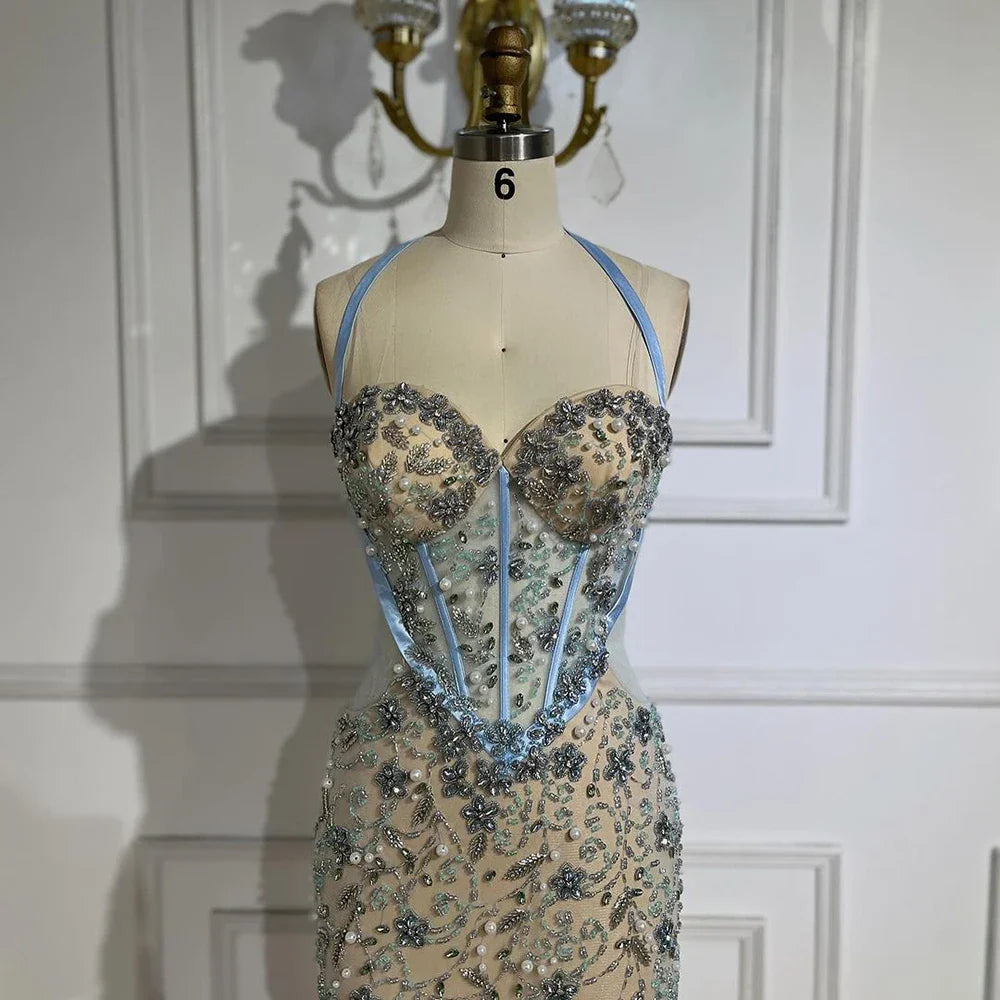Vestido de noche árabe de lujo con escote sirena azul de Dubái, con cuentas y tirantes finos, para mujer, para boda, 2025, LA72330