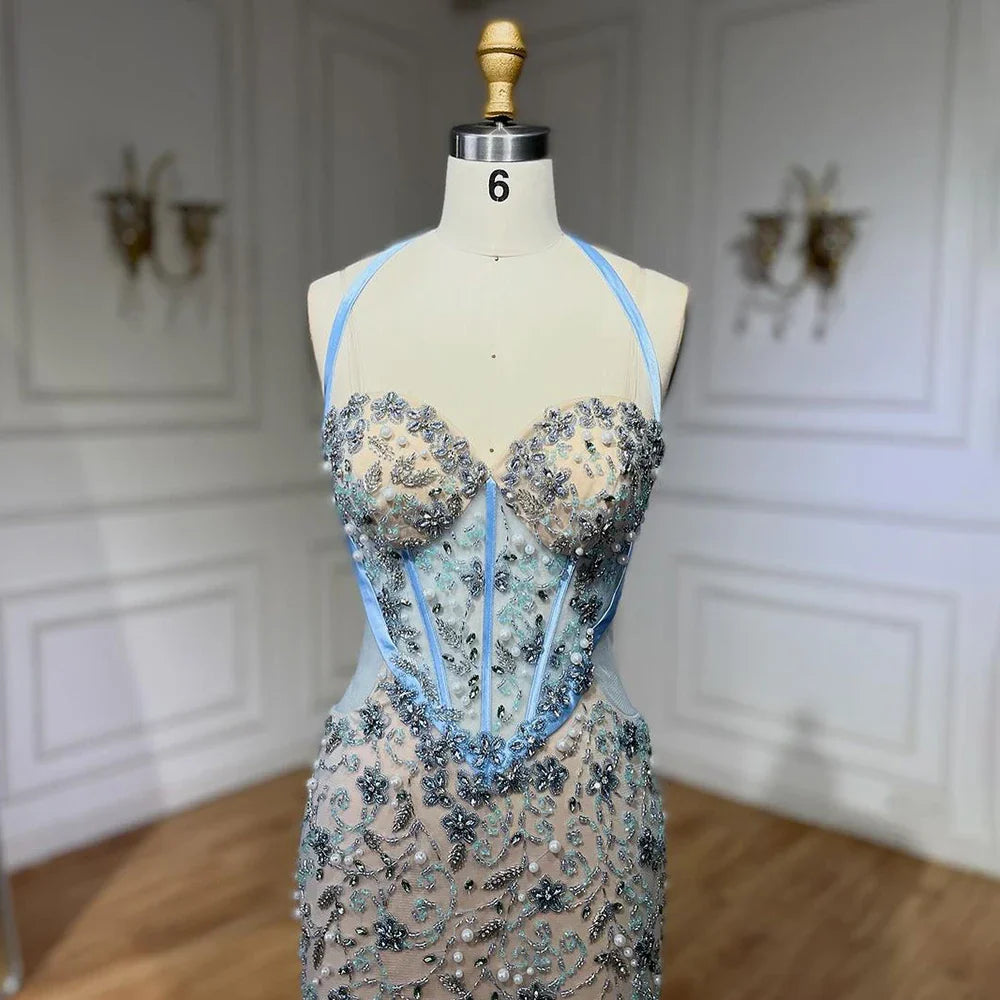 Vestido de noche árabe de lujo con escote sirena azul de Dubái, con cuentas y tirantes finos, para mujer, para boda, 2025, LA72330