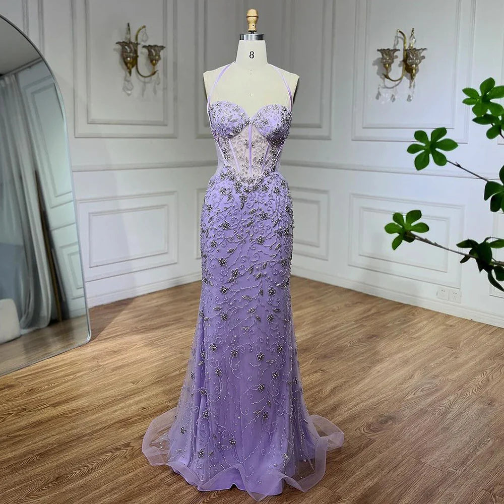 Vestido de noche árabe de lujo con escote sirena azul de Dubái, con cuentas y tirantes finos, para mujer, para boda, 2025, LA72330