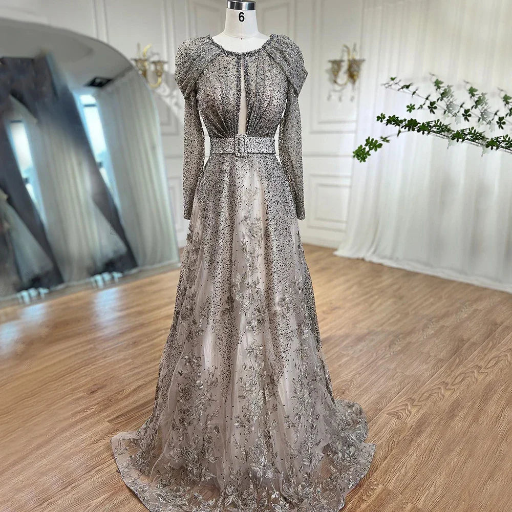 Vestidos de noche musulmanes de encaje azul de Dubái con cuentas, corte A, mangas largas de lujo, para mujer, fiesta de boda, LA71628