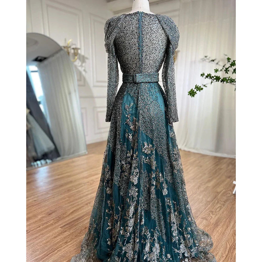 Vestidos de noche musulmanes de encaje azul de Dubái con cuentas, corte A, mangas largas de lujo, para mujer, fiesta de boda, LA71628