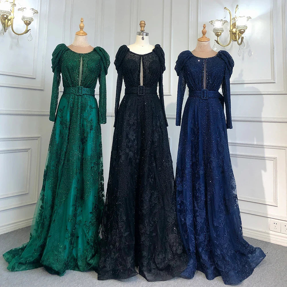 Vestidos de noche musulmanes de encaje azul de Dubái con cuentas, corte A, mangas largas de lujo, para mujer, fiesta de boda, LA71628