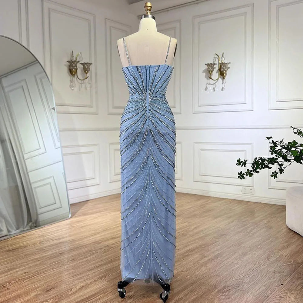 Vestido de noche de lujo con escote sirena y tirantes finos en azul de Dubái, con abertura y cuentas, para mujer, para boda, fiesta, 2025, LA72439